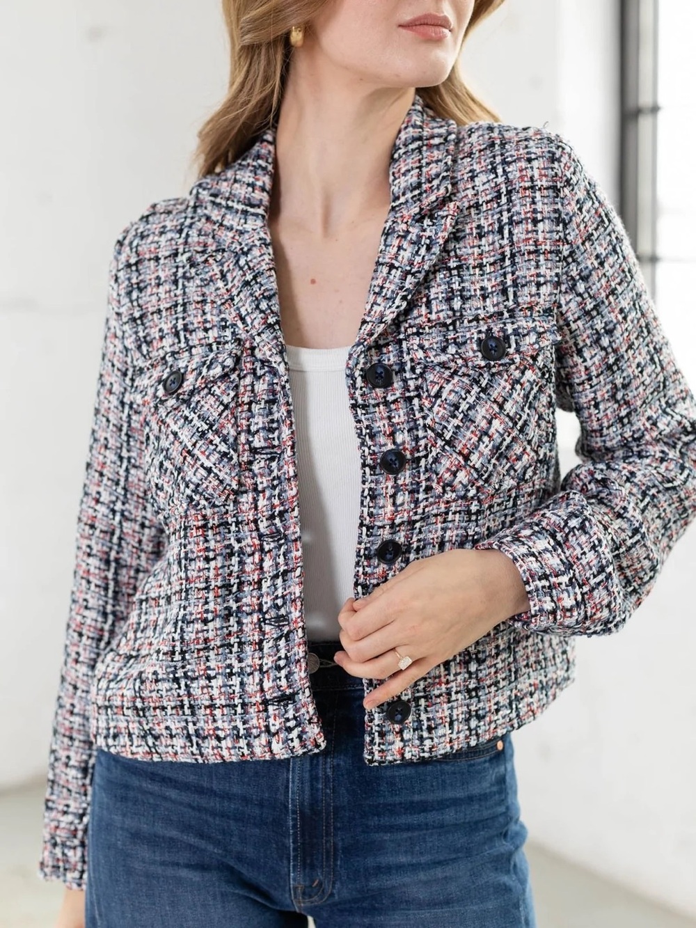 Liverpool Los Angeles Tweed Crop Jacket Blue & Red Medium Retail $129